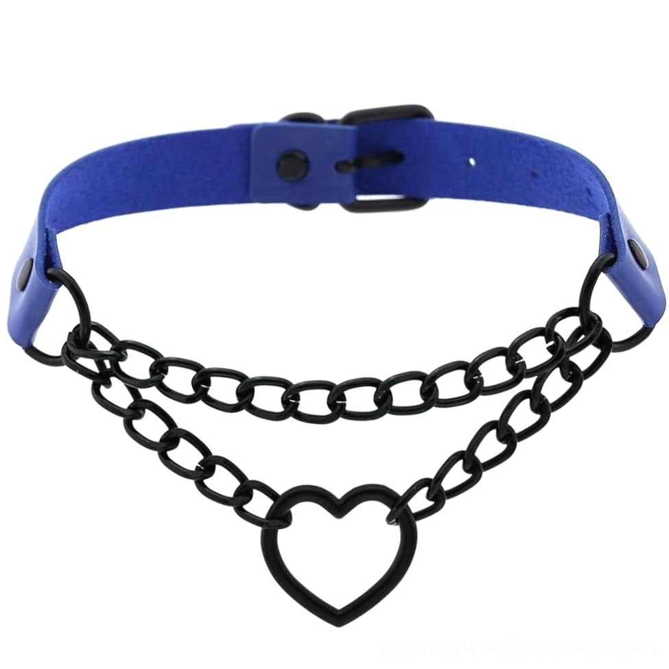 Blue PU leather strap heart choker flat lay showing matte black chains and heart charm with adjustable buckle