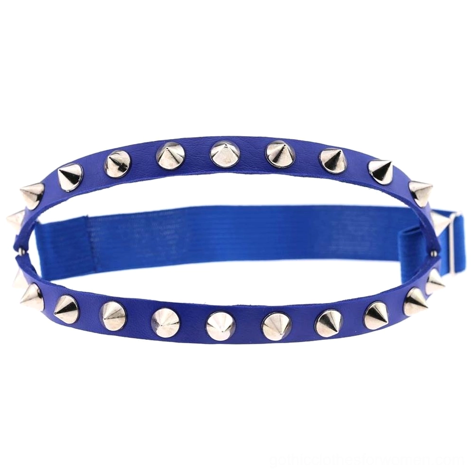 Blue elastic leather leg garter with silver cone rivets and round metal studs adjustable strap gothic accessory