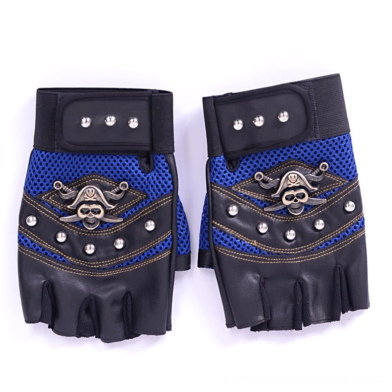 Blue mesh half-finger gloves with black leather and metal rivets, velcro wrist strap detail on white background