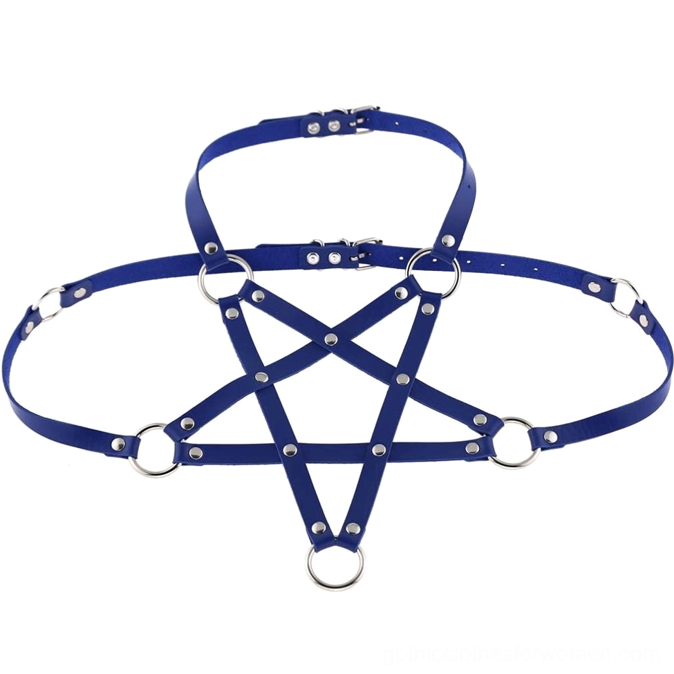 Blue PU leather pentagram body harness flat layout showing geometric strap pattern and metal hardware