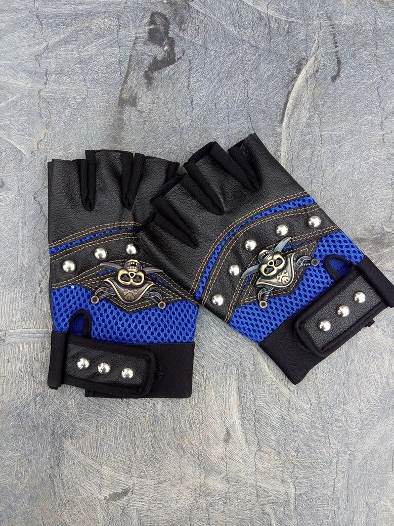 Blue mesh half-finger gloves with black leather and metal rivets displayed on grey stone texture background