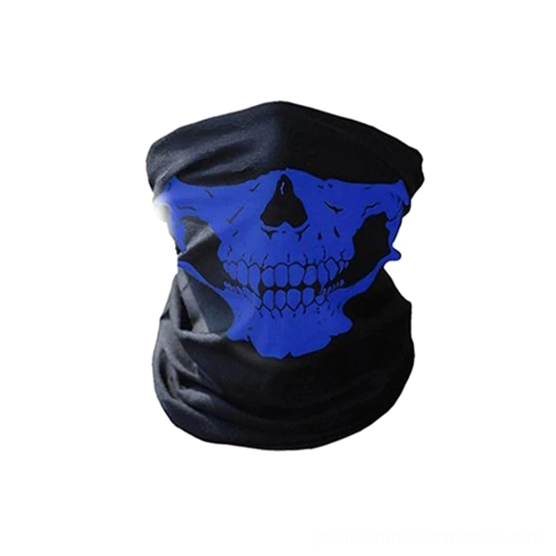 Blue skull gothic face mask balaclava, bright cobalt skull print on black stretch fabric
