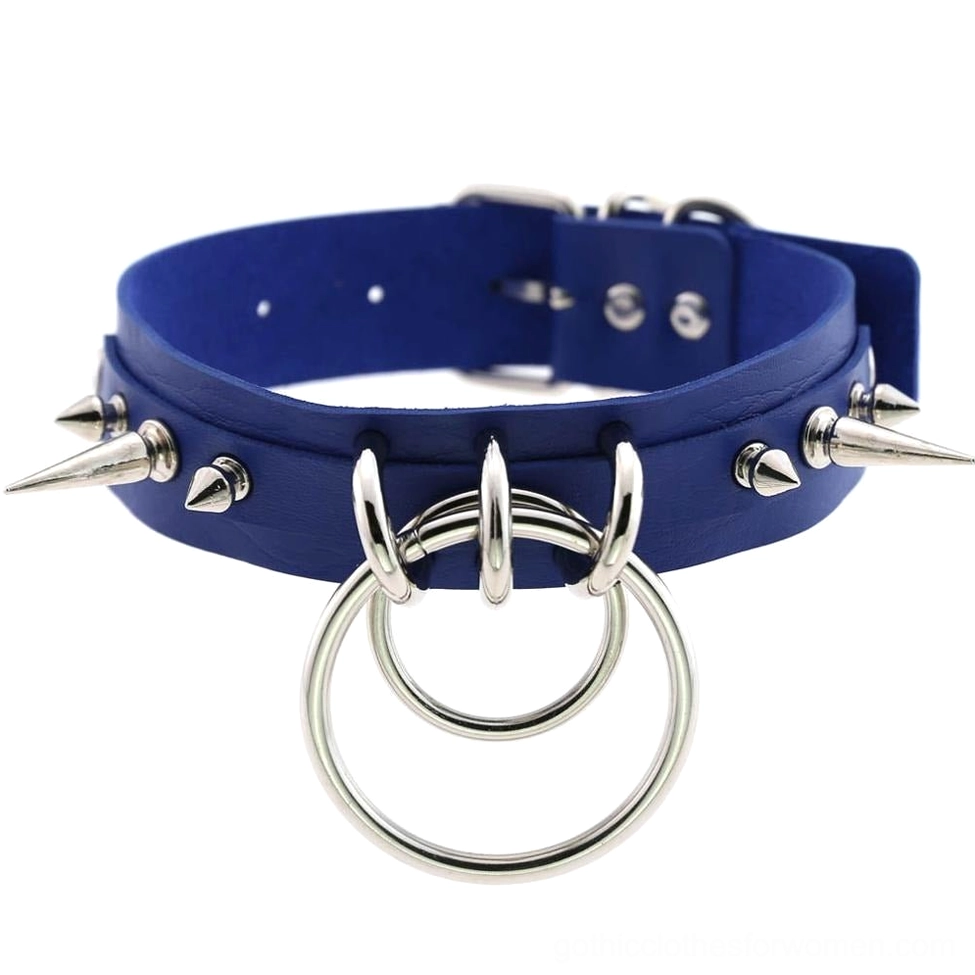 Blue spiked leather gothic choker with double O-rings, silver metal spike studs, and adjustable PU leather strap
