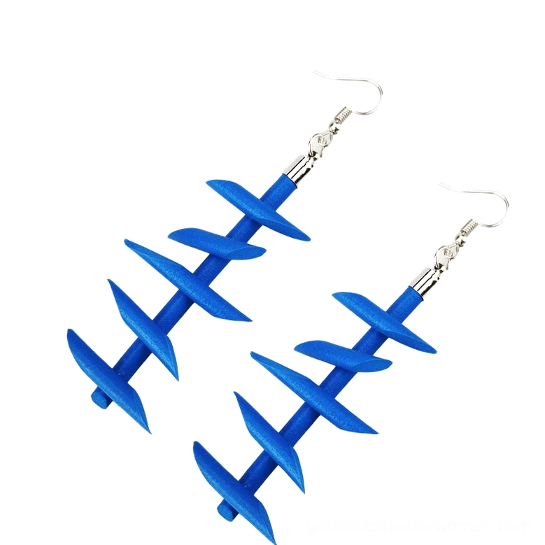 Blue twisted spike rubber dangle earrings matching pair set gothic punk jewelry matte finish flat lay