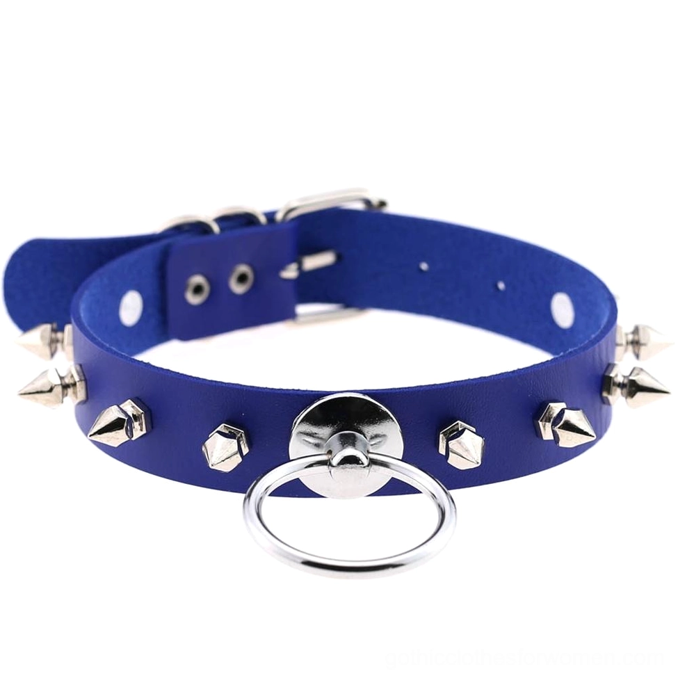 Navy blue studded gothic choker with metal cone studs and central O-ring adjustable strap