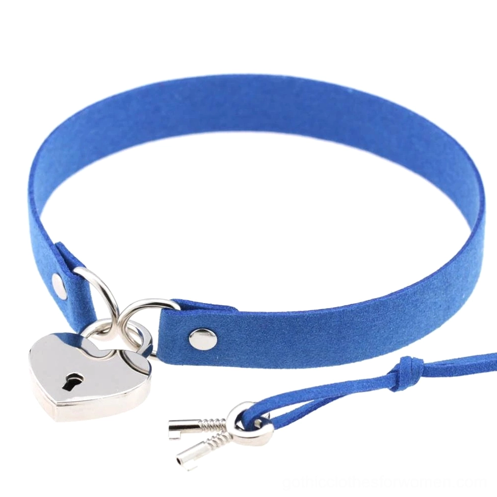 Blue suede steampunk choker collar with silver heart lock and key - alternative fashion jewelry