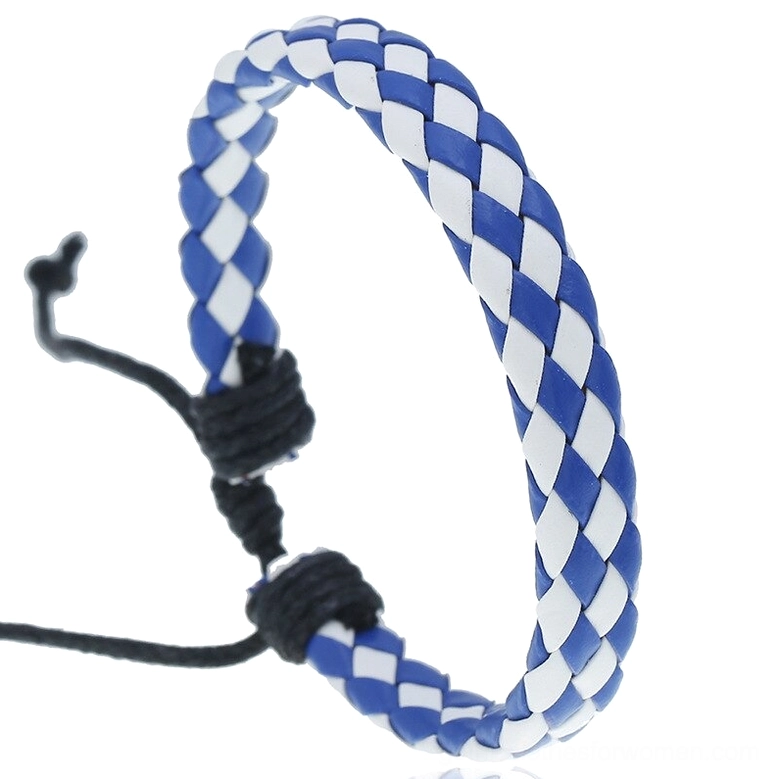 Blue and white woven leather gothic bracelet, geometric checkerboard pattern with pull cord fastening