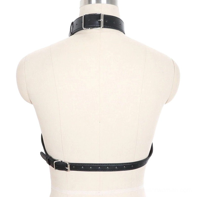 Back view of chest harness featuring adjustable waist buckle and interconnected leather straps