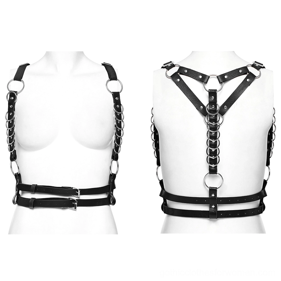 Punk leather body harness dual mannequin display - front and rear views showing adjustable waist straps and metal ring placements