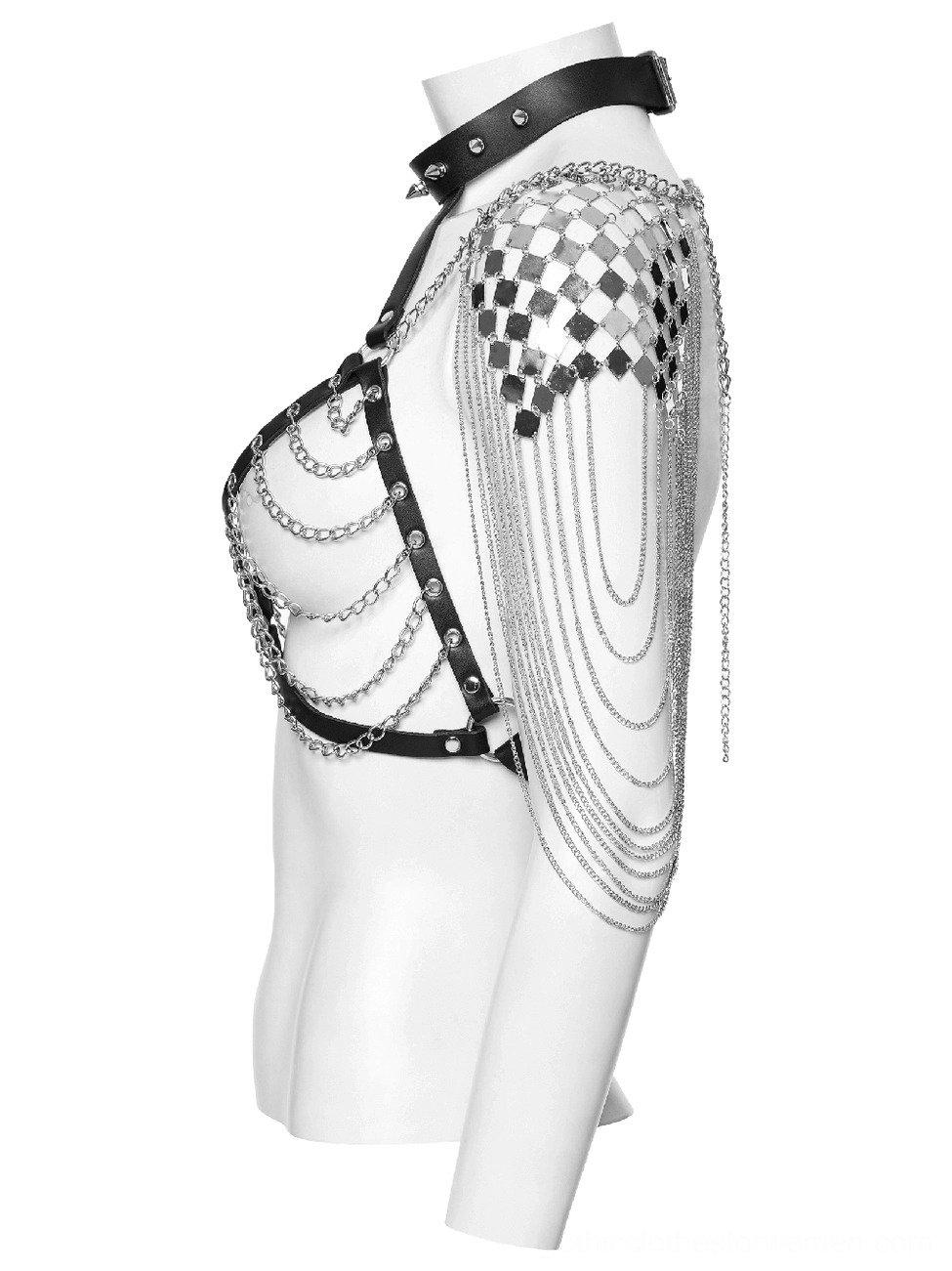 Black leather harness side profile showing cascading silver chain shoulder decorations