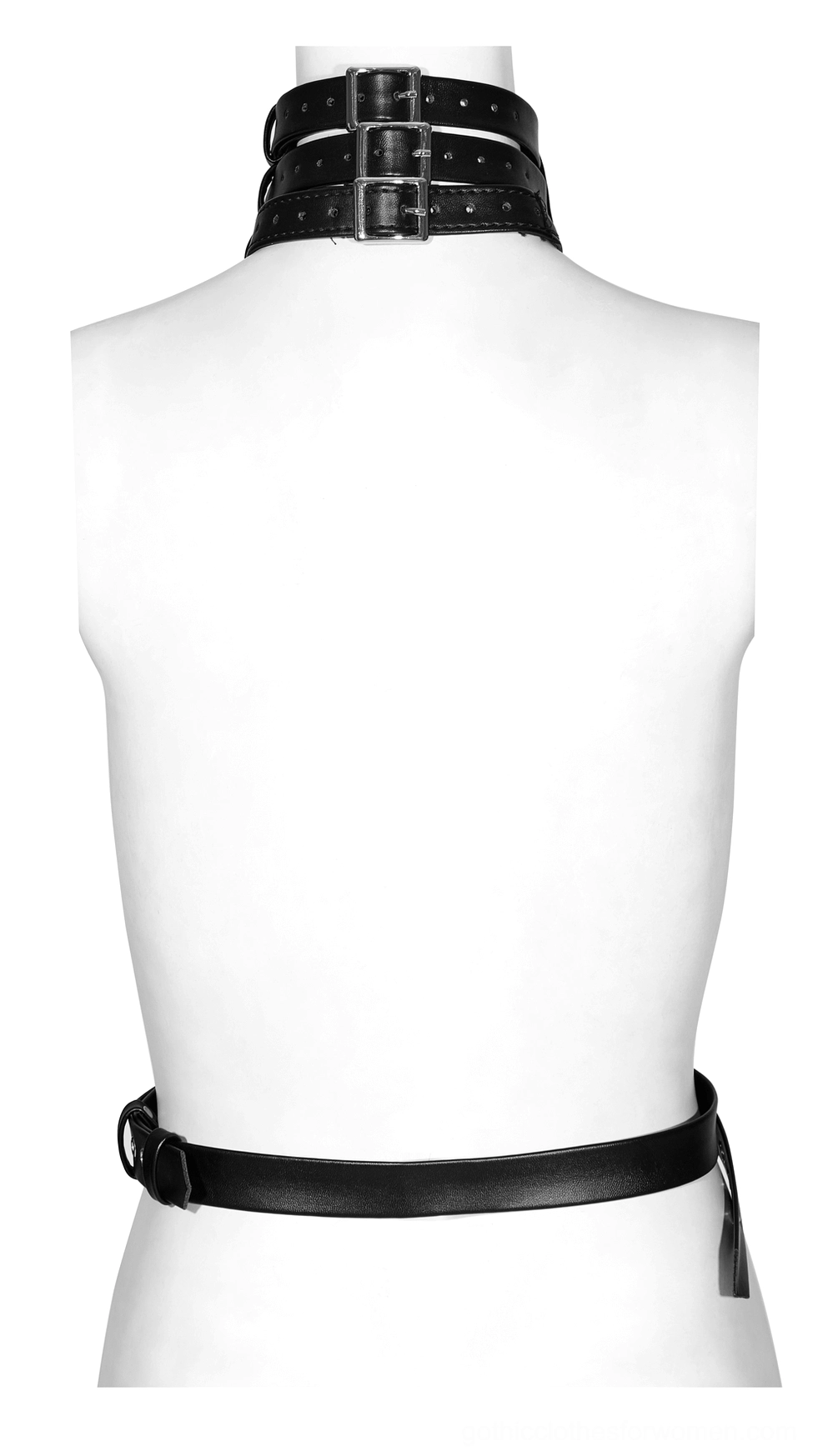 Partial back waist harness strap on mannequin showing simple layered leather belt construction with metal hardware