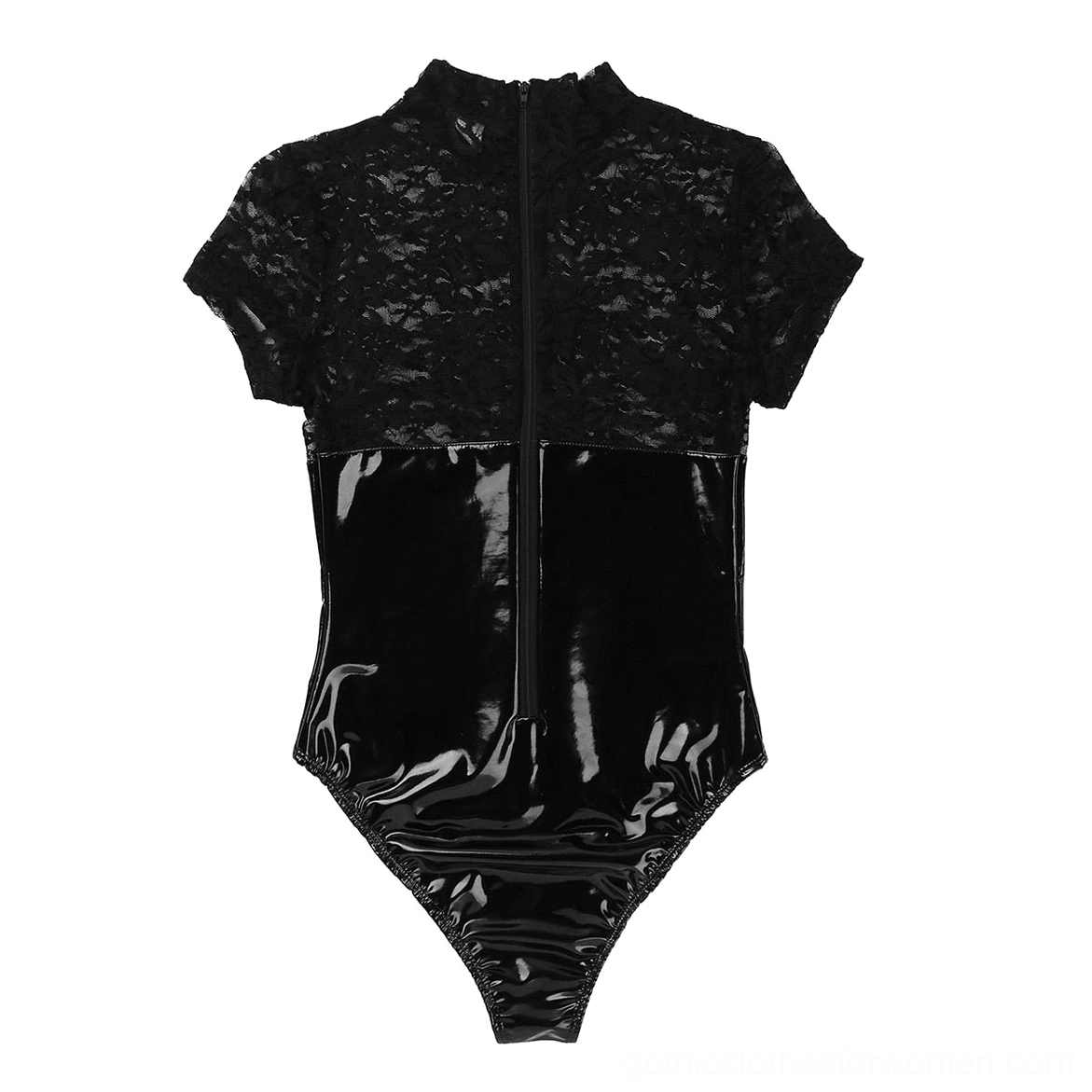 Black bodysuit flat lay back view, full sheer lace upper section, back zipper closure, gothic clothing product photography