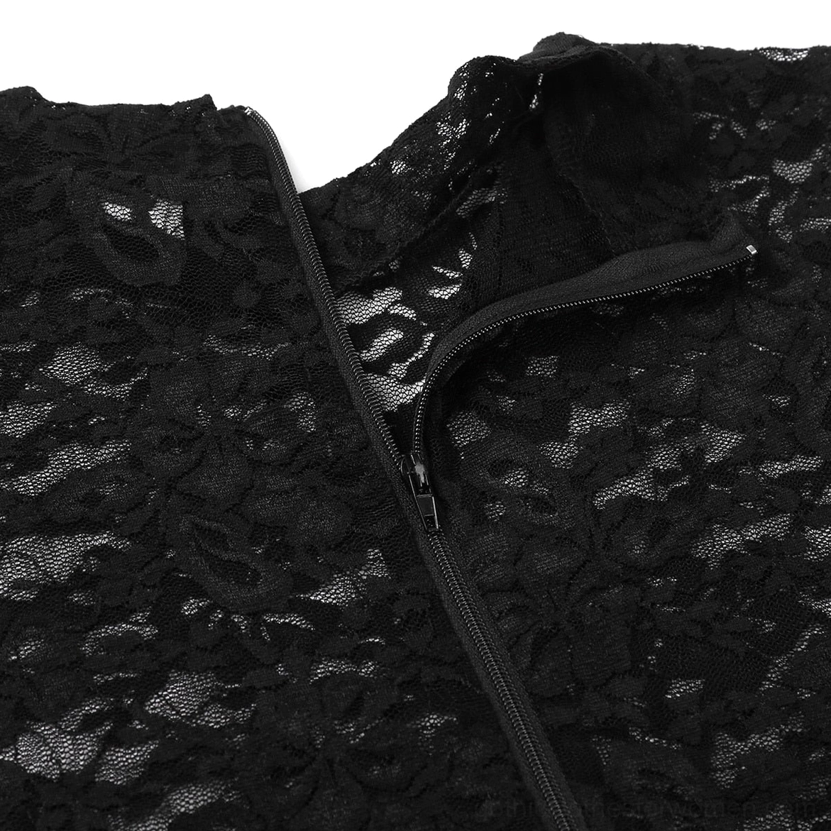 Black bodysuit exposed back zipper detail close-up, mock neck lace collar, full-length closure mechanism, gothic latex fashion