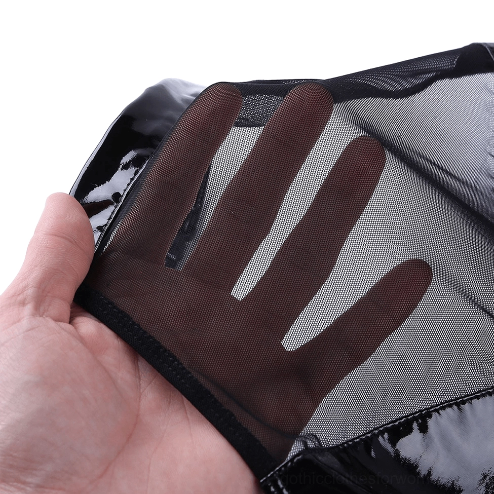 Faux leather bodysuit fabric detail, sheer mesh texture and black patent leather edging close-up