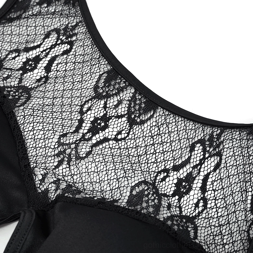 Close-up neckline detail showing floral lace mesh and solid fabric edging of gothic bodysuit