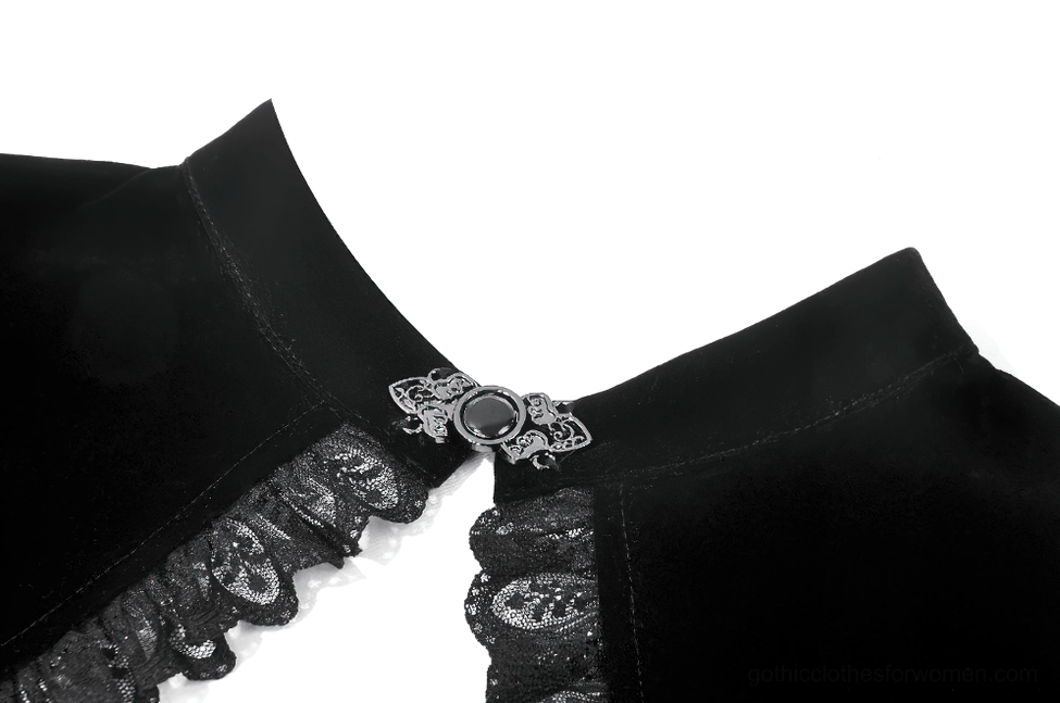 Close-up detail of gothic bolero shrug collar showing vintage metal clasp fastening and refined velvet with lace trim construction