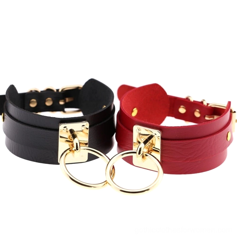 PU leather bondage choker detail view showing double-layer construction and gold metal ring, adjustable gothic necklace