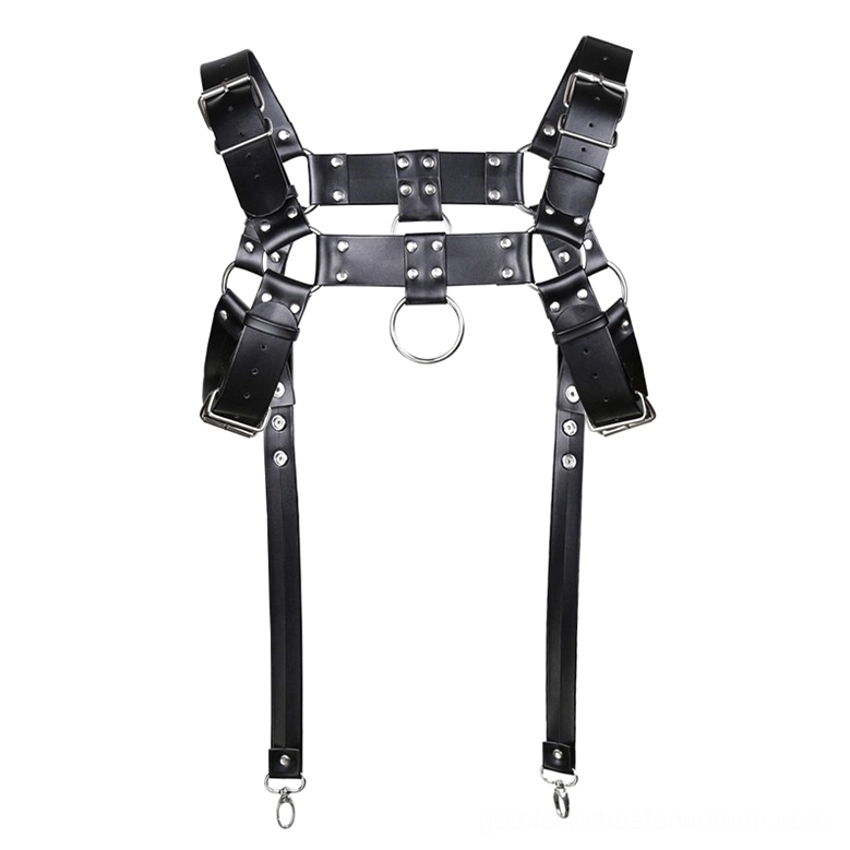 Black PU leather body harness showing dual side D-rings and lower hook fasteners for bondage attachment