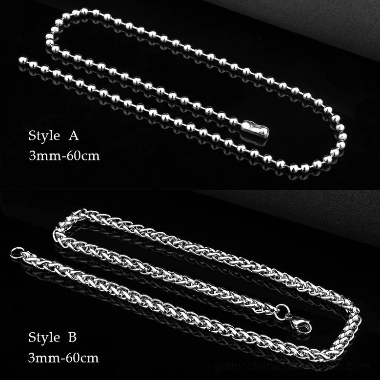 Stainless steel bone pendant necklace chains flat lay comparison beaded chain and curb chain styles