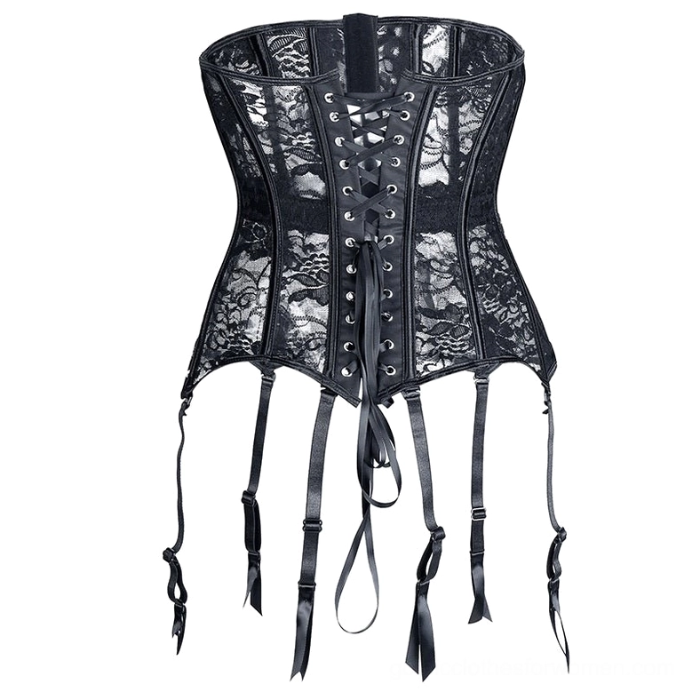 Front view black lace gothic corset with boned structure and sheer floral lace detail