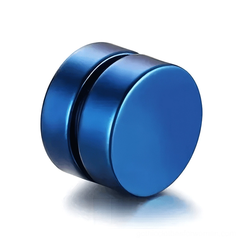 Bright blue magnetic stud earring close-up, polished round stainless steel non-piercing gothic accessory