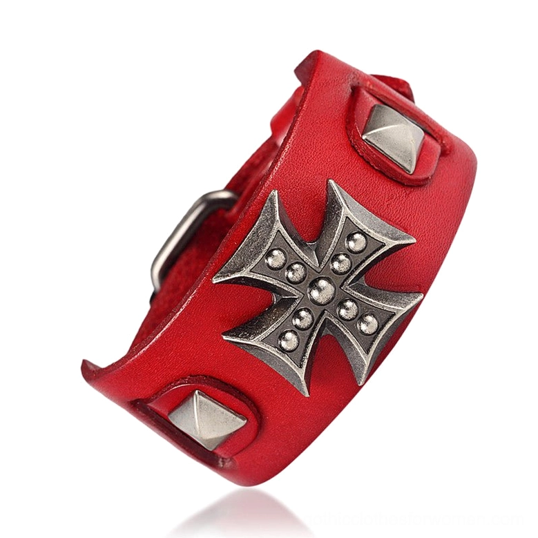 Bright red leather gothic cross bracelet oblique view with smooth finish and antique silver hardware