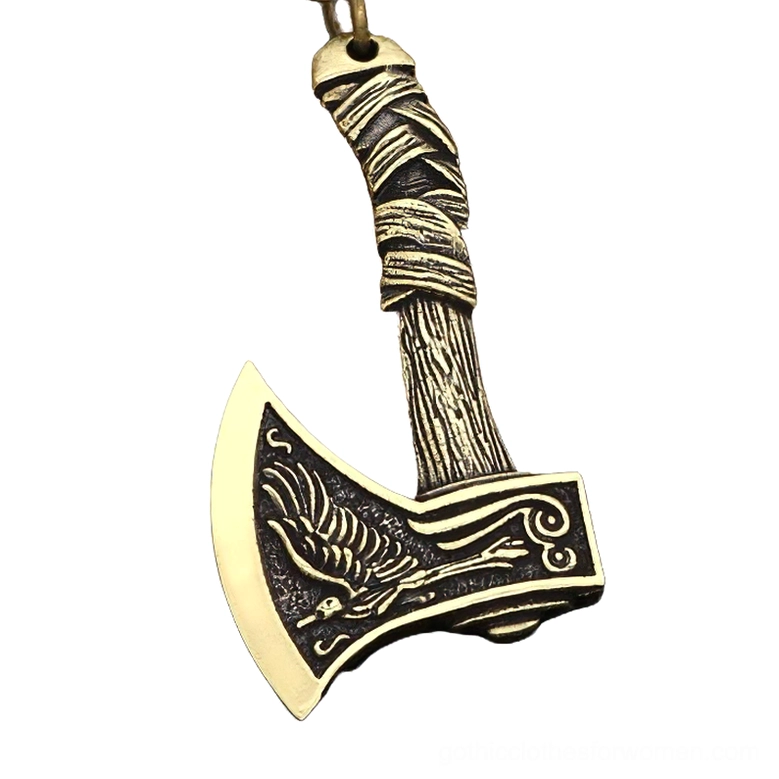 Bronze tone gothic Viking axe pendant featuring raven engraving with wrapped wooden-style handle