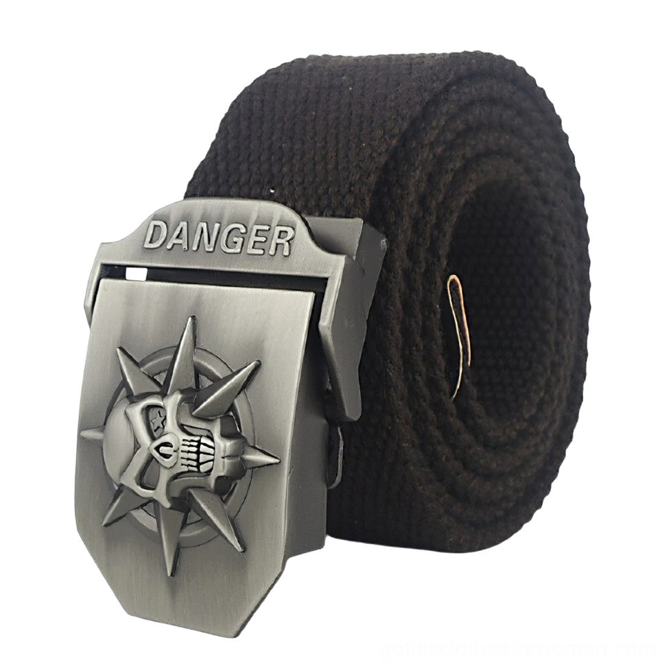 Dark brown vintage style canvas belt with spiked skull metal buckle