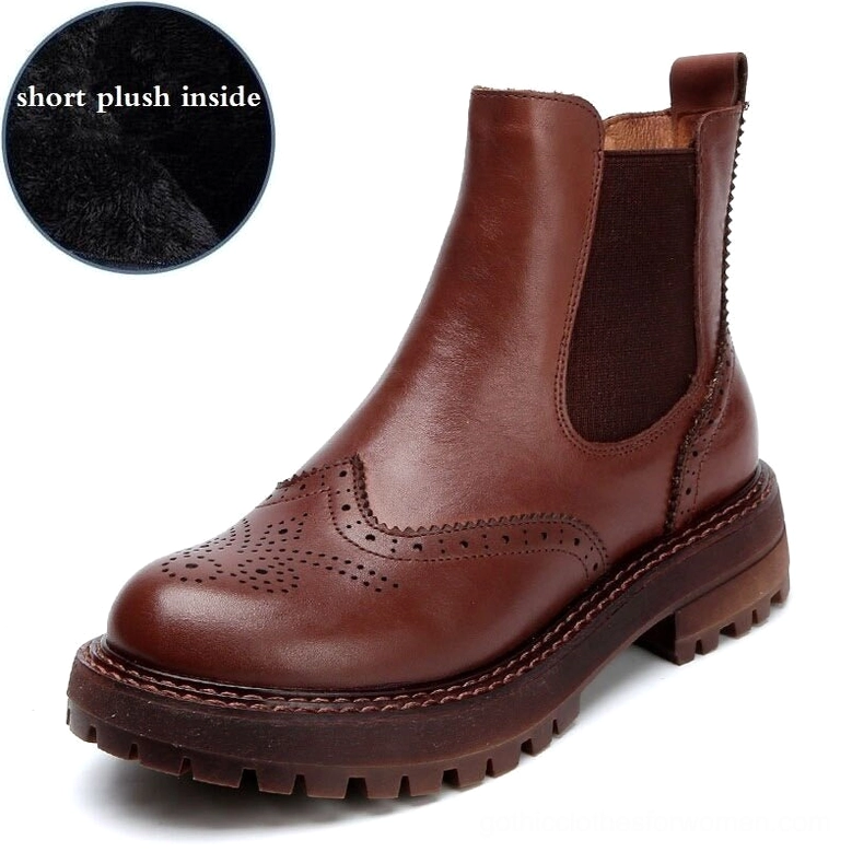 Brown leather Chelsea ankle boots featuring short plush interior lining and brogue details