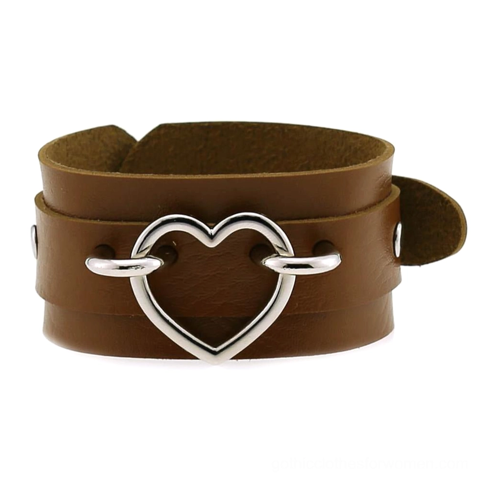 Brown coffee-colored leather gothic heart bracelet with iron alloy heart embellishment, vintage goth aesthetic