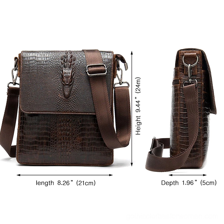 Dark brown crocodile embossed leather shoulder messenger bag multi-angle studio product view with size reference labels and dimensions
