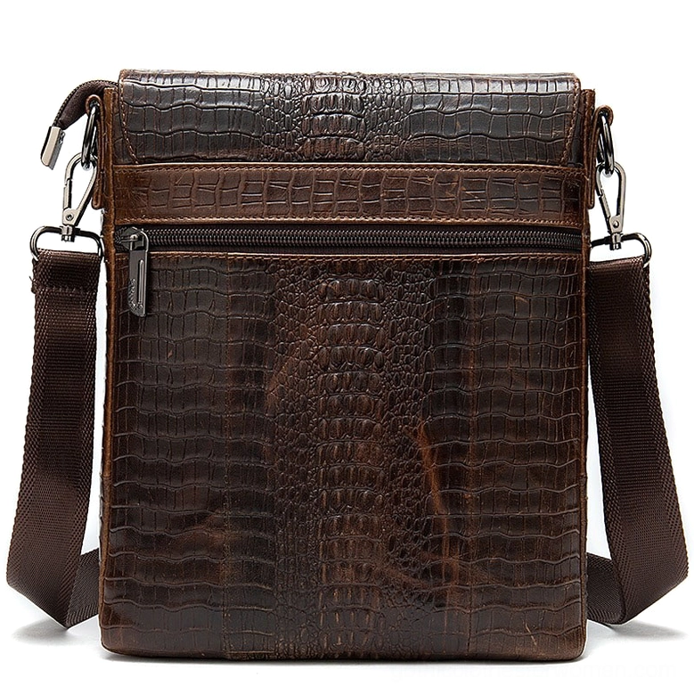 Brown crocodile pattern genuine leather messenger bag front view highlighting front zipper pocket and textured embossing detail