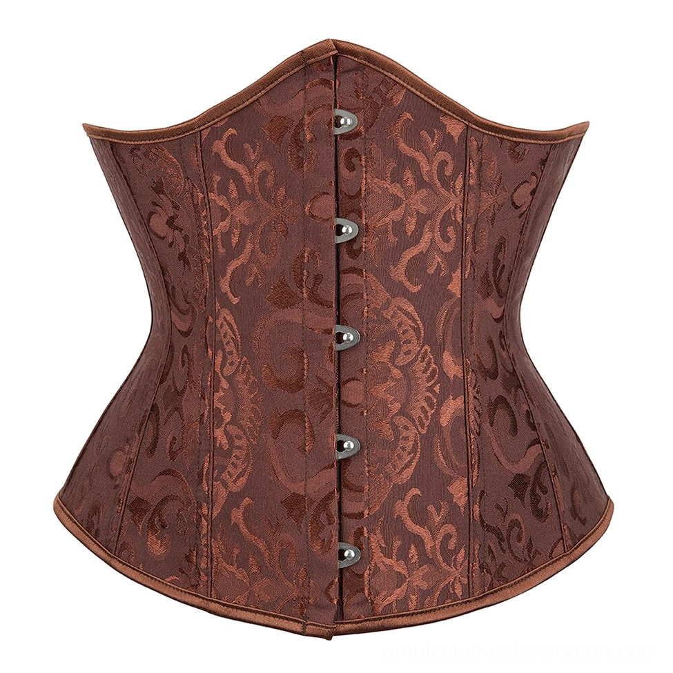 Brown damask gothic corset lace-up with solid fabric construction, studio flat lay