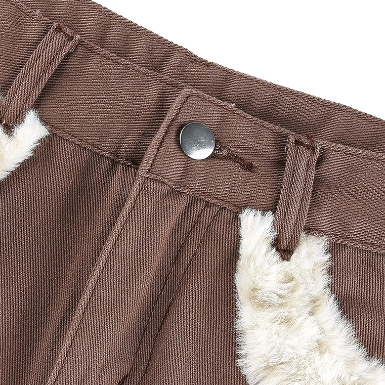 Brown denim mini skirt off-white leopard fuzzy trim front worn model