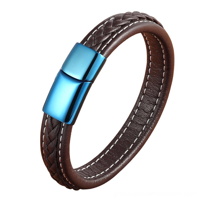 Dark brown flat leather gothic bracelet with blue steel hook, refined construction detail