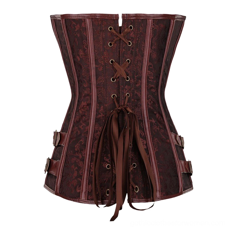 Brown floral overbust corset back showing lace-up closure with brown ribbon and leather buckles