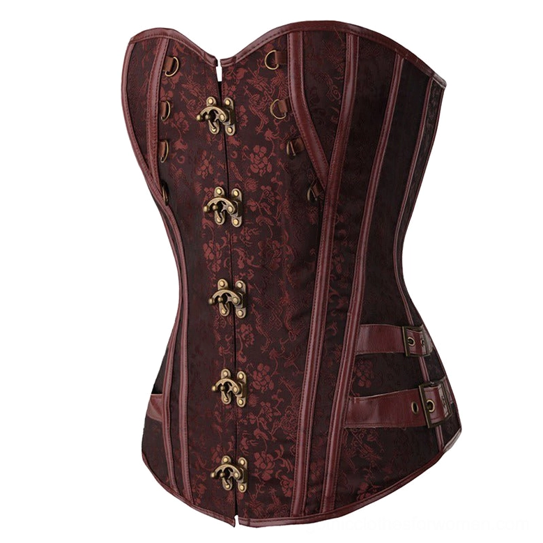 Brown floral steampunk overbust corset front view with antique brass claw clasps