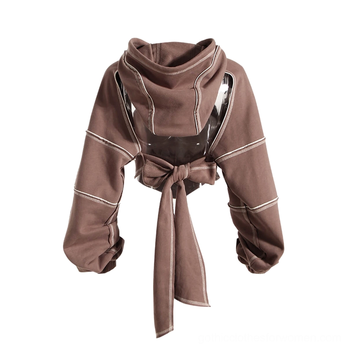 Brown gothic backless hoodie flat lay back view with bow-tie design and cropped bishop sleeves
