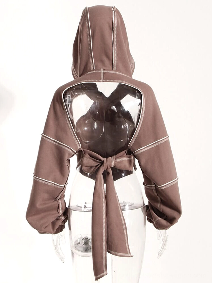 Brown gothic backless hoodie on clear mannequin rear view showing cutout tie closure and bishop sleeves