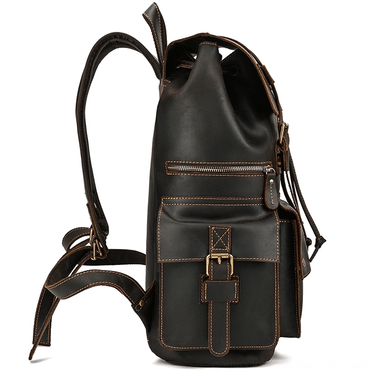 Brown leather gothic backpack oblique angle showing depth and structure