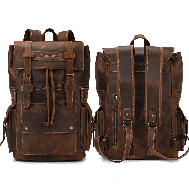 Brown style 2 leather gothic backpack side panel zipper pocket detail
