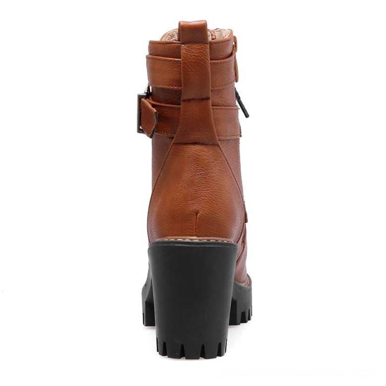 Brown gothic ankle boots rear view displaying chunky block heel and lug sole construction