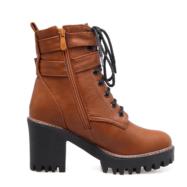 Brown gothic ankle boots with side zipper, buckle strap, and lace-up - direct side profile view