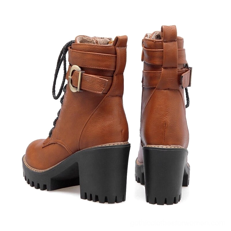 Brown gothic boots featuring side zipper, lace-up, and buckled ankle strap - side and rear view