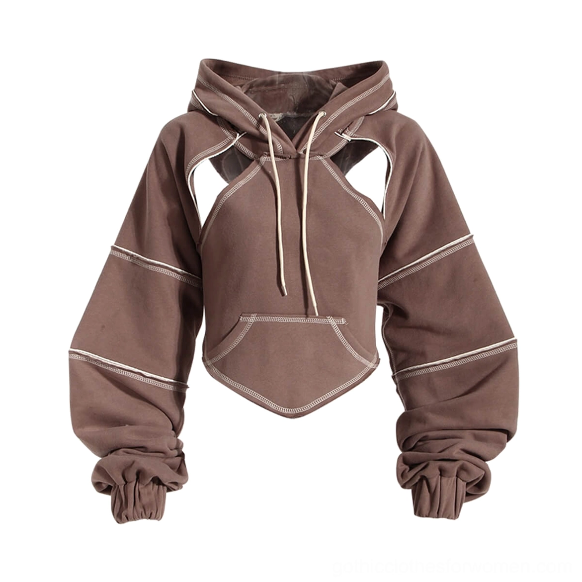 Brown gothic hollow-out crop hoodie flat lay front showing contrast stitching cutout and kangaroo pocket