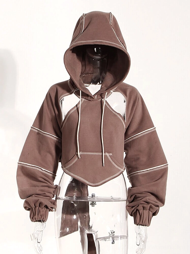 Brown gothic hollow-out crop hoodie on clear mannequin front view featuring contrast stitching and drawstring hood