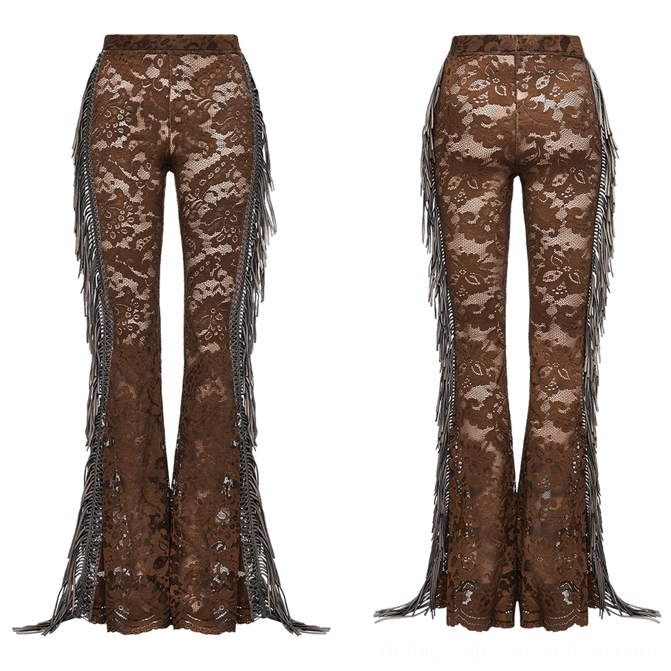 Flat lay front view of brown floral hollow lace flare pants showing intricate lace texture and hem details