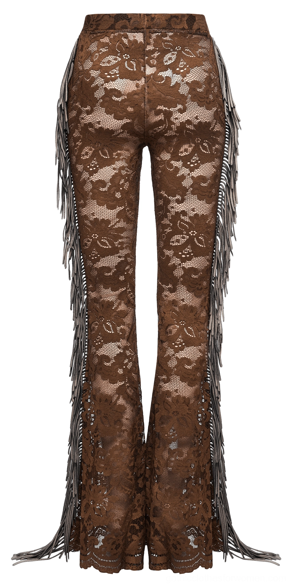 Rear flat lay view of brown lace gothic trousers showing long tassel fringe trim decorations