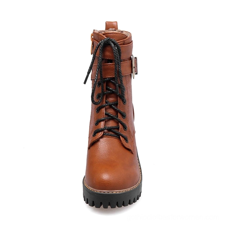 Brown gothic boots with lace-up closure and chunky lug heel - direct front view showing round toe