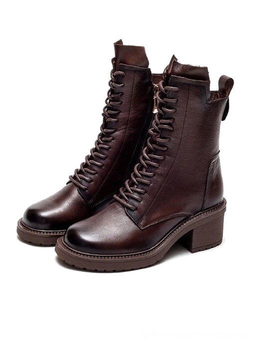 Brown gothic leather ankle combat boots with lace-up closure and vintage patina finish, front view